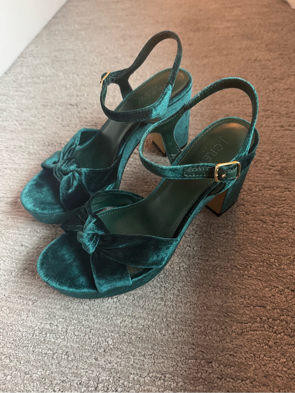 J. Crew Green Velvet Knot Block Heels
